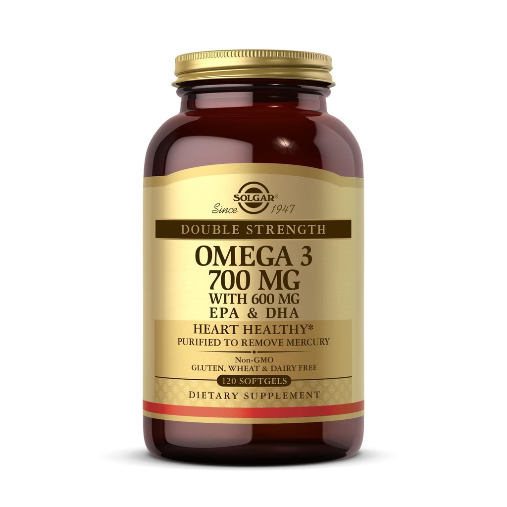 Solgar double force Omega-3 700 mg, 120 Softgels - Supplément huile de poisson - Soutien pour la santé cardiovasculaire, articulaire et cellulaire - Contient EPA et DHA Omega 3 Acides gras - Sans gluten - 120 portions