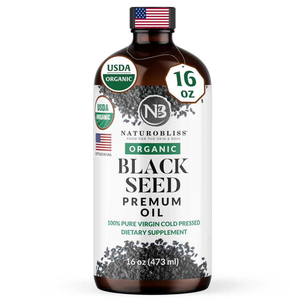 NaturoBliss Huile de Graine Noire Bio 100 Virgin Cold pressé dans une bouteille de verre Omega 3 6 9 Super Antioxydant Immune Support Joints Mobilité Digestion Cheveux Peau Vegan Sans gluten NonGMO USDA Certifié 16oz