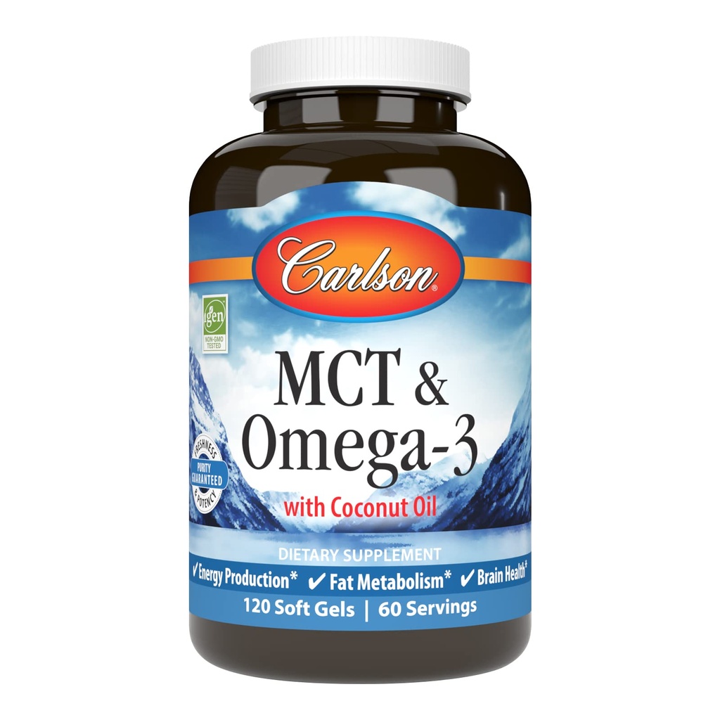 Carlson - MCT & Omega-3, Coconut Oil, Caprylic & Capric Acids, EPA & DHA, Energy Production, Fat Metabolism & Brain Health, 120 Softgels