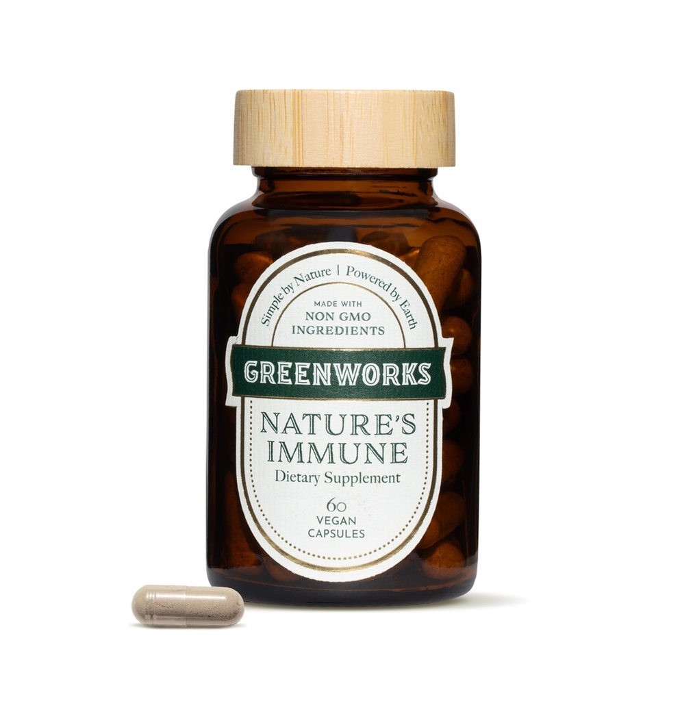 Nature de Greenworks Immune – Soutien immunitaire quotidien biologique avec Elderberry, Echinacea, Ginger, Champignons curmériques et médicinaux – végétalien, non-OGM, sans gluten – 30 portions