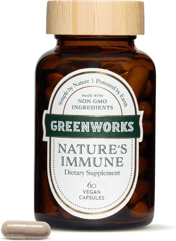 Nature de Greenworks Immune – Soutien immunitaire quotidien biologique avec Elderberry, Echinacea, Ginger, Champignons curmériques et médicinaux – végétalien, non-OGM, sans gluten – 30 portions