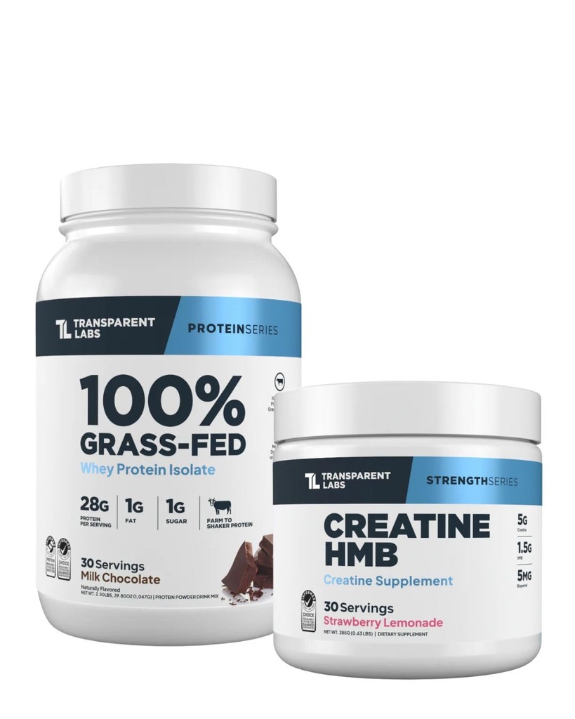 Transparent Labs Grass-Fed Whey Protein Isolate (30 Servings, Milk Chocolate) & Creatine HMB (30 Servings, Strawberry Lemonade)