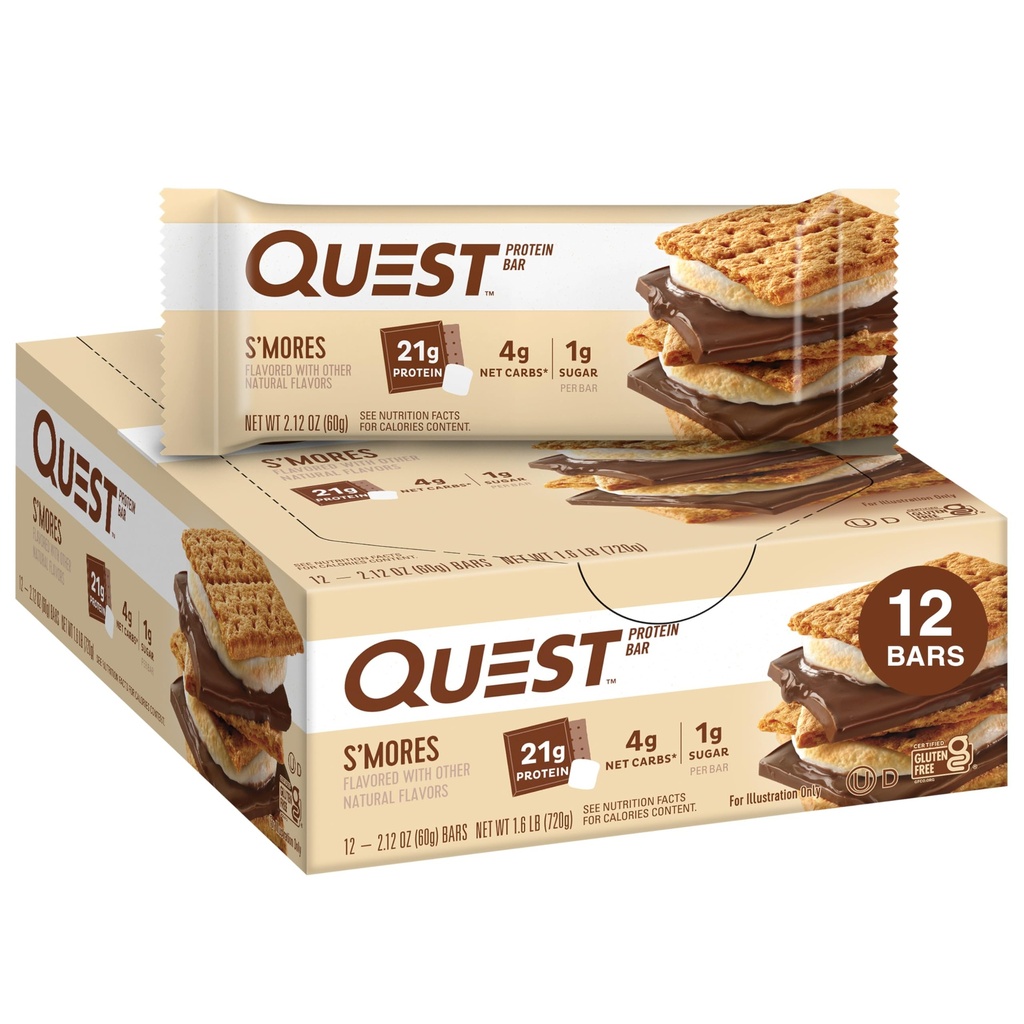 Quest Nutrition S'mores Protein Bars, 21g Protéines, 1g Sucre, 4g Net Carb, Sans gluten, Keto Friendly, 12 Compte