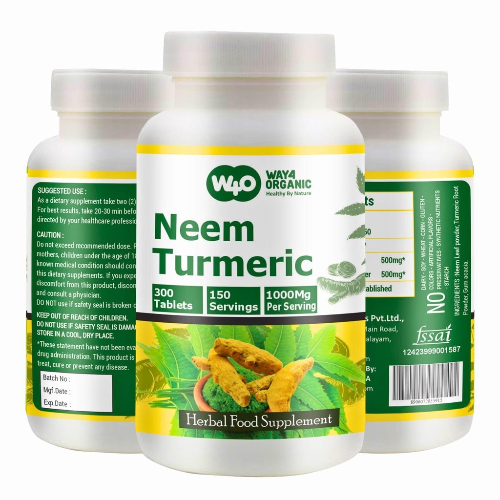 Capsules de Neem Turmeric (Tablettes) - Comprimés Azadirachta Indica à haute puissance, feuilles de Neem et Turmeric en rapport égal - 300 comprimés, 150 portions, 1000 Mg. Pack de 1.