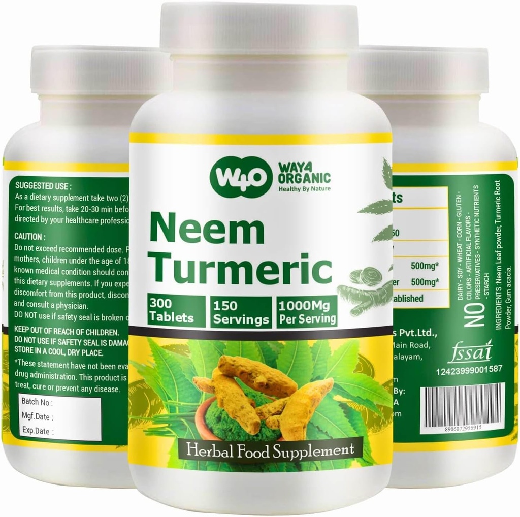 Capsules de Neem Turmeric (Tablettes) - Comprimés Azadirachta Indica à haute puissance, feuilles de Neem et Turmeric en rapport égal - 300 comprimés, 150 portions, 1000 Mg. Pack de 1.