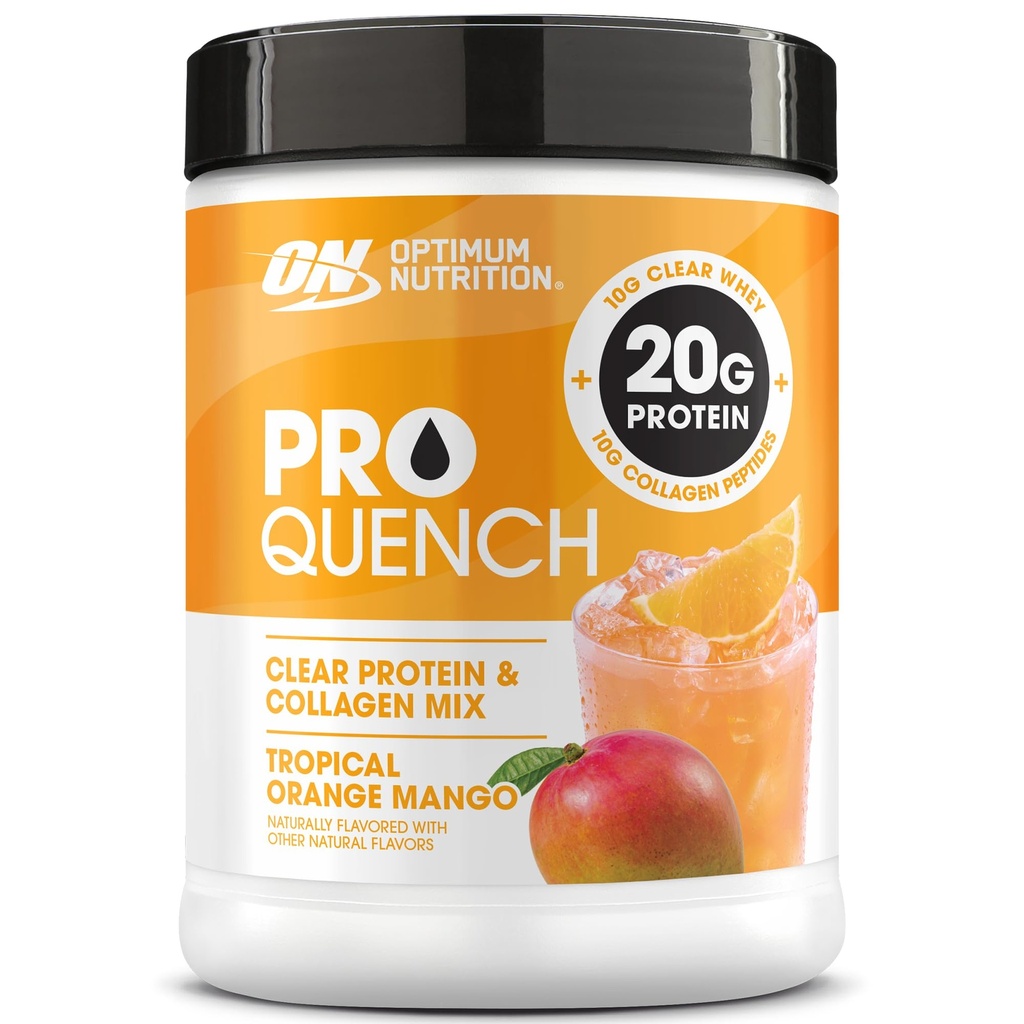 Optimum Nutrition Pro Quench, 10g Clear Protein, 10g Collagen peptides & Electrolyte Powder Drink Mix, Tropical Orange Mango, 20 Servings, 520 Grams (Packaging May Vary)