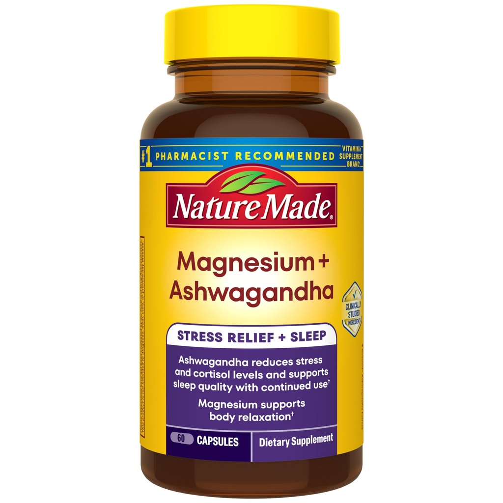 Nature Made Magnesium + Ashwagandha Capsules, Stress Relief and Sleep Support, Magnesium 300 mg and Ashwagandha Supplements, 60 Capsules, 30 Day Supply