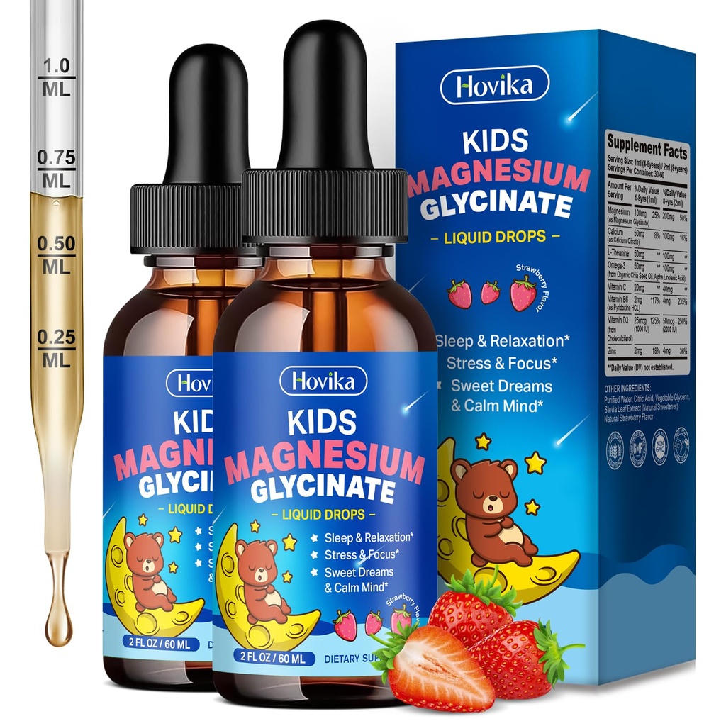 2 Pack Kids Magnesium Liquid Drops - Liquid Magnesium Glycinate Supplement with L-Theanine Omega-3, Vitamin B6, D3, Zinc - Support Sleep, Relaxation, Calm & Focus - Strawberry Flavor