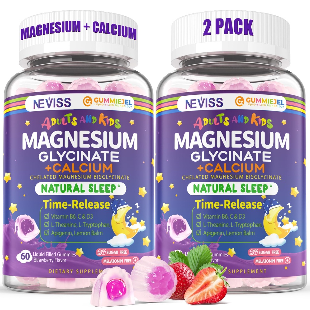 Nevis Magnésium Glycinate + Gommies remplis de calcium pour adultes et enfants 4+, Gommies de sommeil pour enfants Sans mélatonine, sans supplément de sucre Magnésium w/B6 D3, L-Theanine pour Zzz Relax, Cerveau, Bon, Muscle 2Pack
