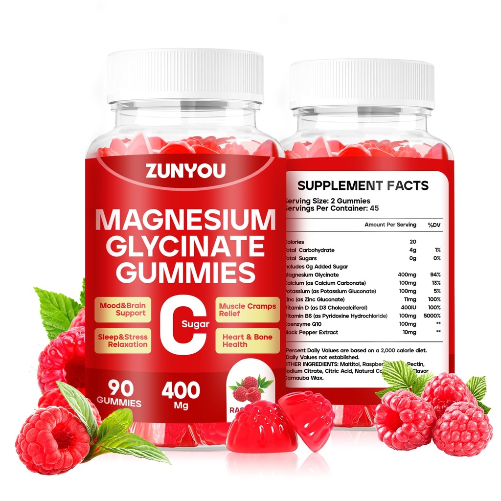 Magnesium Glycinate Gummies 400mg, Sugar Free Magnesium Gummies for Sleep, Muscle Support and Relaxation, Calm Magnesium Supplements for Women and Men, 90 Count