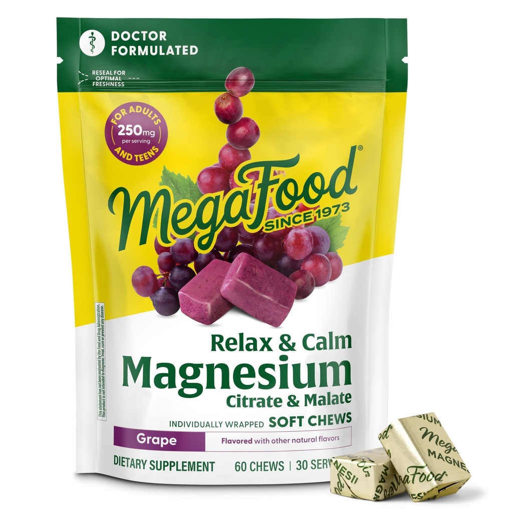 MegaFood Relax + Calm Magnesium Complex with Magnesium Citrate & Malate for Heart Health, Muscle Tension & More – Doctor Formulated - Vegetarian – Grape Flavor - 60 Soft Chews (30 Servings)