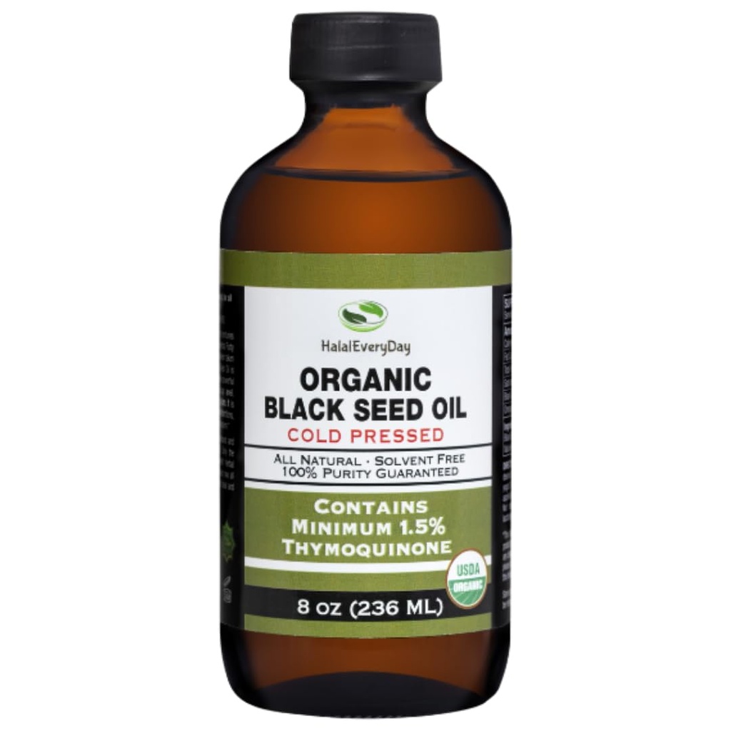 Huile de graine noire biologique - Bouteille de verre pressée à froid certifiée USDA Plus de 1,5% Thymoquinone 3X résistance Turque noir Cumin Nigella Sativa non-OGM 100% huile de grain noir pur (8oz bouteille de verre)