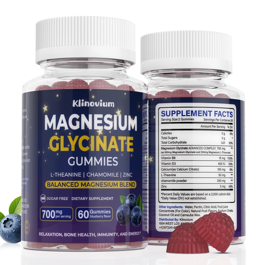 700mg Magnesium Glycinate Gummies, Highly Absorbed Sugar-Free Calm Magnesium Complex Gummies - with L-Theanine and B6 - Magnesium Supplements for Sleep, Calm,Relax & Immune Function, (Blueberry)