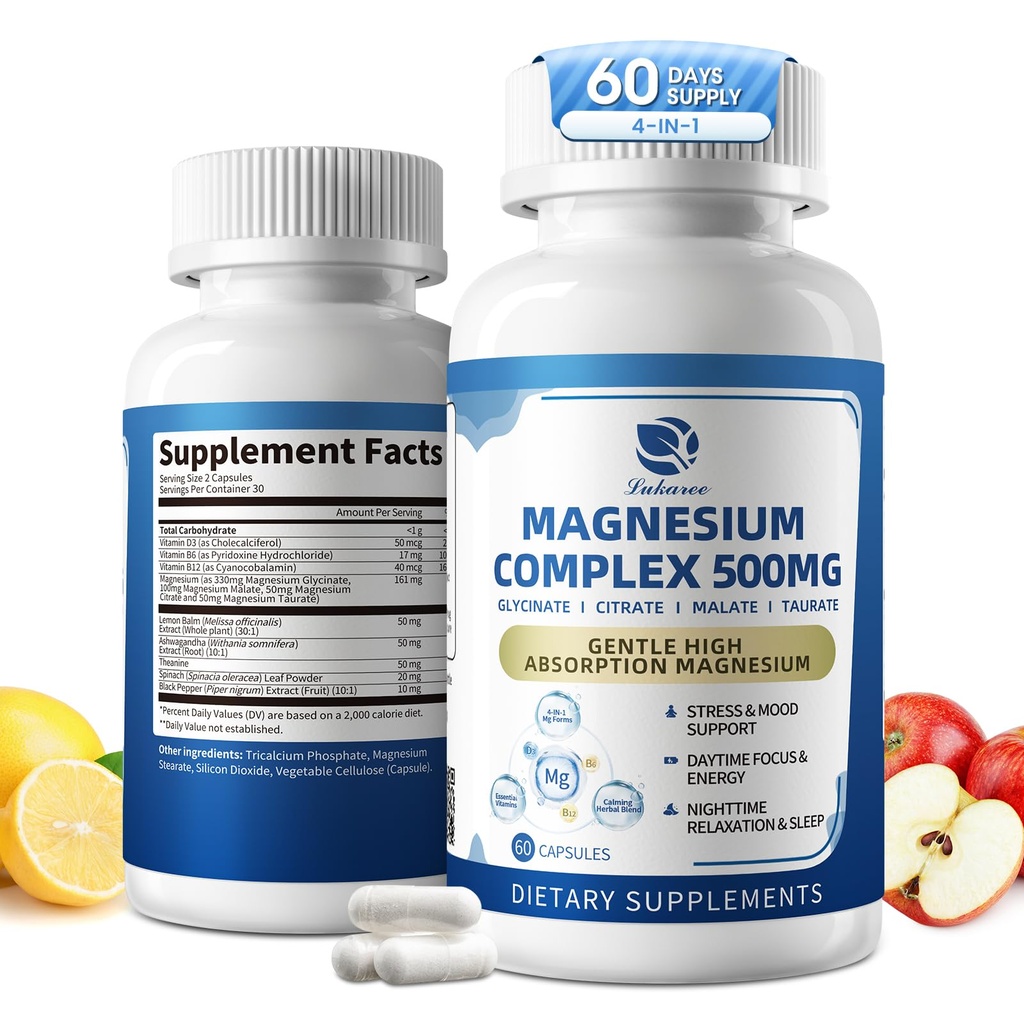 2 Pack Magnesium Complex for Women and Men 4-in-1 Magnesium Glycinate, Citrate, Malate, Taurate - Magnesium Supplement for Relaxation, Sleep & Focus, 60 Days Supply