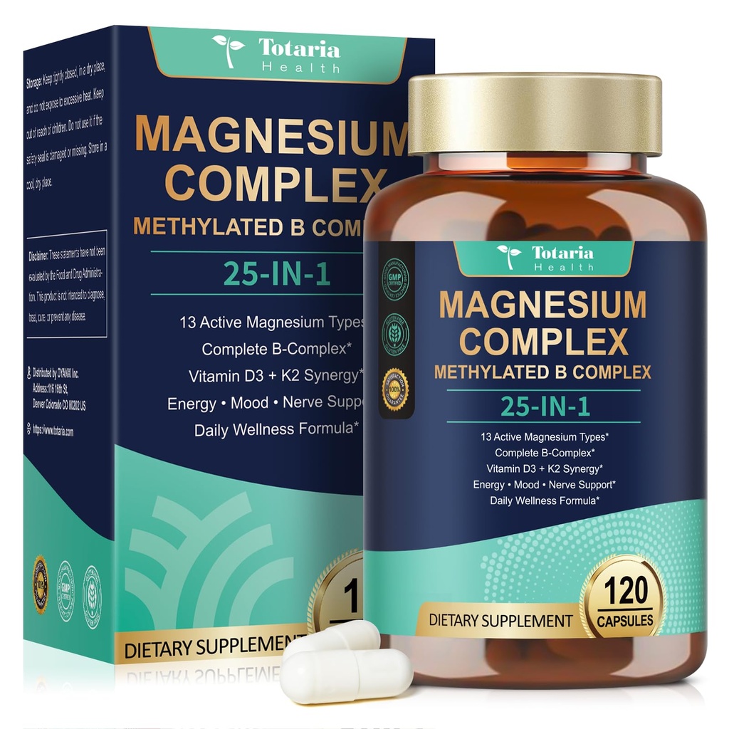 25-in-1 Magnesium Complex w/Methylated B Complex Women Men, 120 Vegan Caps