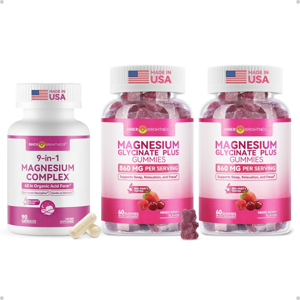 Magnesium Glycinate Plus Gummies 860mg for Adults & Kids, Sleep 2 Pack + 9-in-1 Magnesium Complex, 300mg Magnesium from 9 Organic Forms