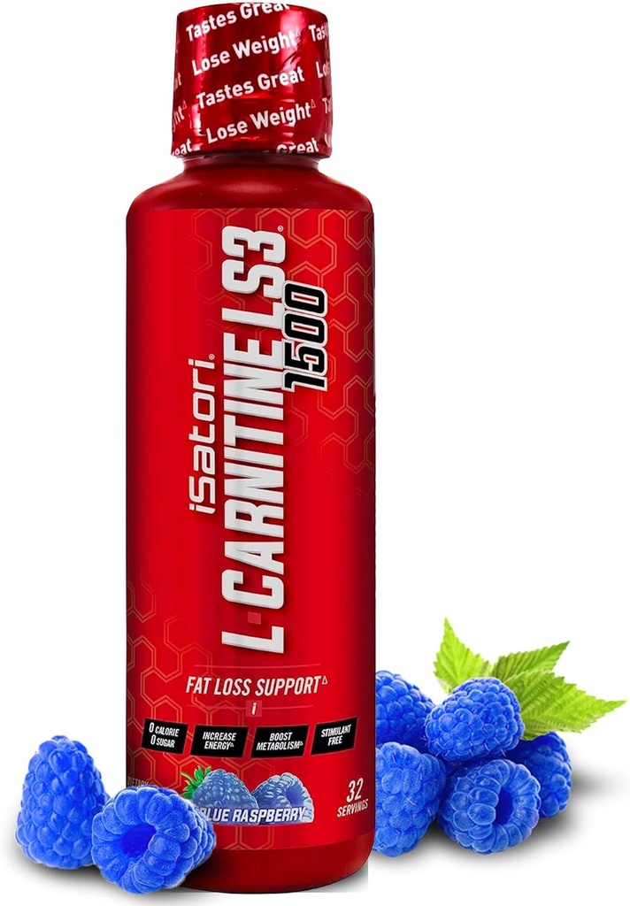 iSatori L-Carnitine LS3 1500, supplément de carnitine liquide L triple-blend, avec acétyle et tartrate, énergie libre stimulante, faibles calories, sucre ou gluten, framboise bleue (32 portions)