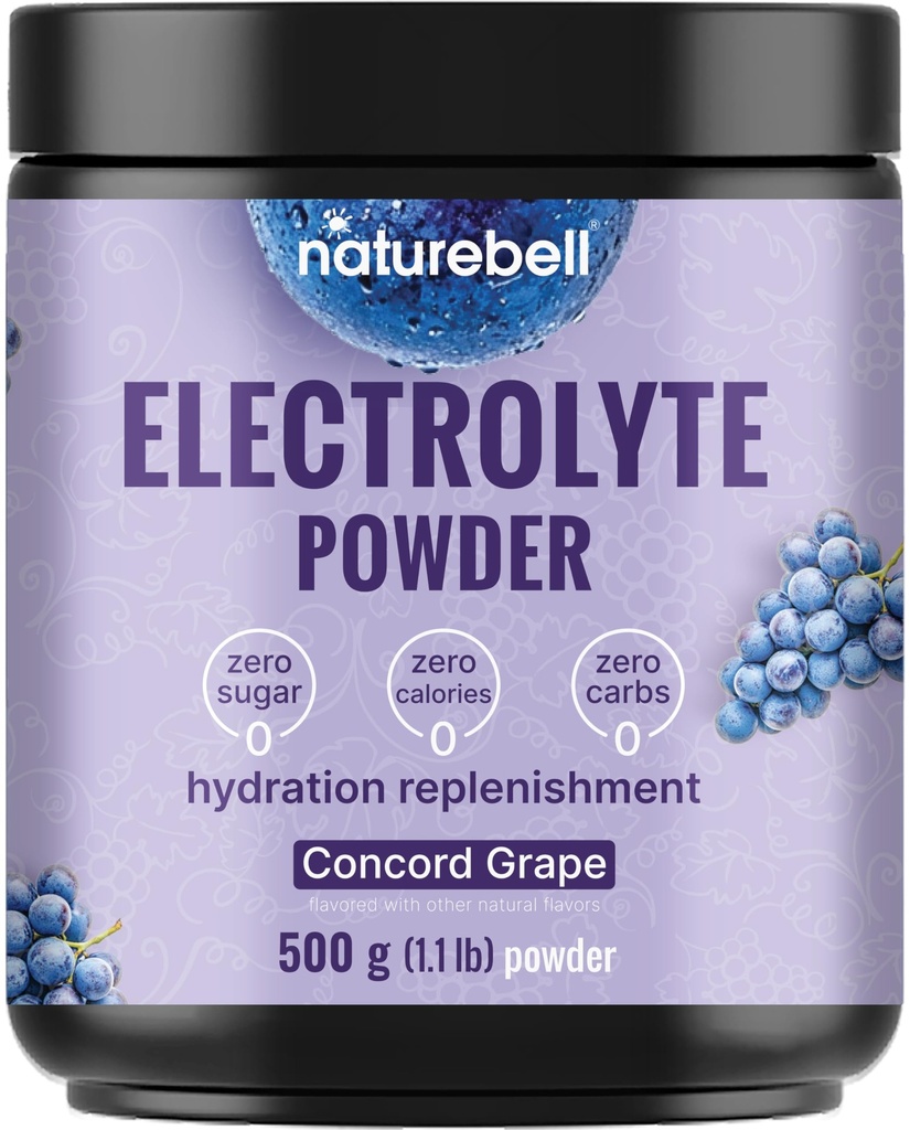 NatureBell Electrolytes Powder No Sugar, 500g (76 Servings) | Keto Fast Hydration Powder, Carnivore-Friendly Electrolyte – 1,000mg High Potassium, Minerals, & Coconut Water – Concord Grape Flavor