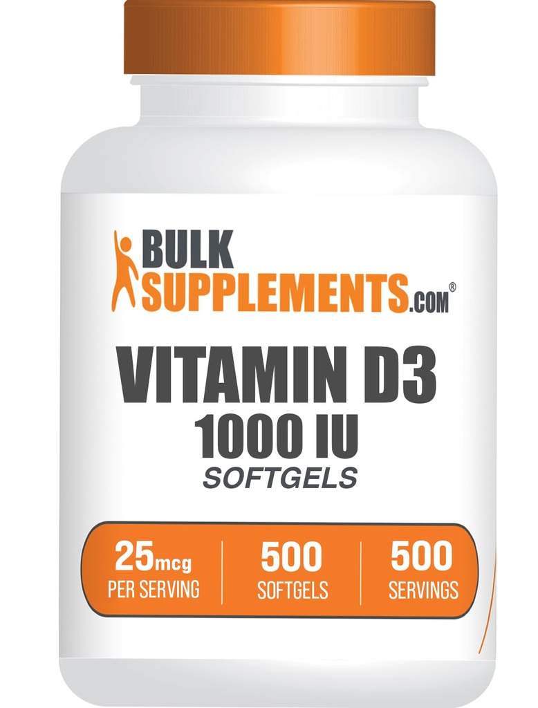 BulkSupplements.com Vitamine D3 1000UI Softgels - Cholecalciferol, Supplément D3, Vitamine D 1000 UI - 1 Vitamine D3 Softgel (25mg de vitamine D) par portion, 500 Compte (paquet de 1)