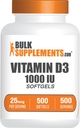BulkSupplements.com Vitamine D3 1000UI Softgels - Cholecalciferol, Supplément D3, Vitamine D 1000 UI - 1 Vitamine D3 Softgel (25mg de vitamine D) par portion, 500 Compte (paquet de 1)