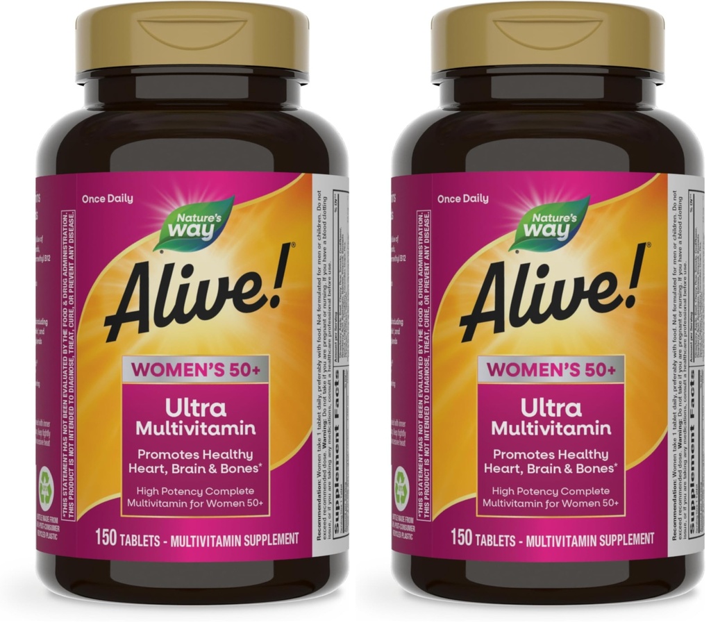 Nature's Way Alive! Vitamins for Women 50 Plus, Complete Multivitamin, High Potency Formula, with Methylated B12, Gluten-Free, 150 Tablets, (Pack of 2)