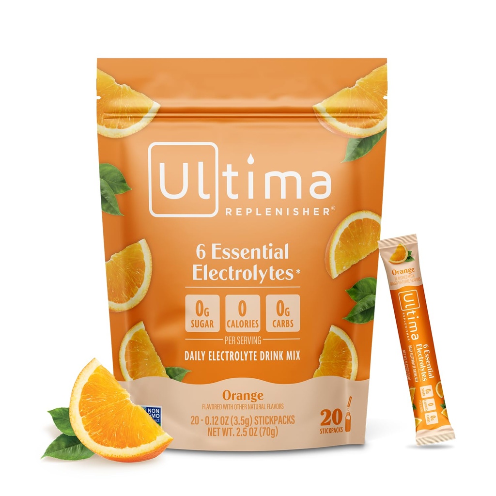 Ultima Replenisher Daily Electrolyte Powder – Orange, 20 Stickpacks – Zero Sugar Hydration Packets with 6 Electrolytes and Minerals – Sugar Free, Plant Based & Keto Friendly Drink Mix