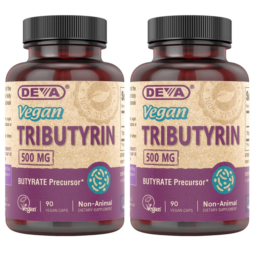 DEVA Vegan Tributyrine Supplément - Précurseur de Butyrate, Support de la barrière de Gut, Acide Butyrique, Capsules Vegan 500 MG, Support de Gut Leaky, Digestion, 90 Compte (paquet de 2)