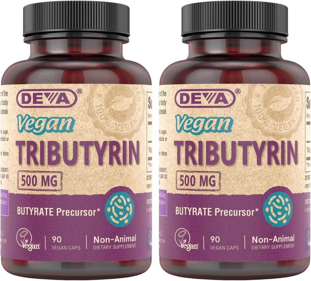 DEVA Vegan Tributyrine Supplément - Précurseur de Butyrate, Support de la barrière de Gut, Acide Butyrique, Capsules Vegan 500 MG, Support de Gut Leaky, Digestion, 90 Compte (paquet de 2)