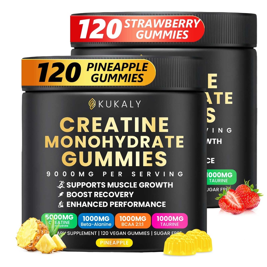 Gommies monohydratées créatine pour hommes et femmes, 9000MG Gommies créatine sans sucre - BCAA 2:1, B12 B6 pour stimuler la force, le focus et l'endurance, végétalien, non-OGM