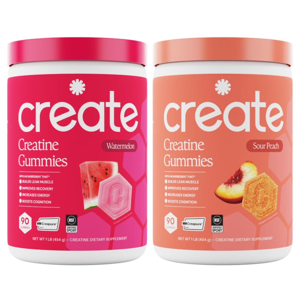 Creatine Monohydrate Gummies - Beach Day Duo - Sour Peach & Watermelon - Creatine Gummies pour les femmes et les hommes, NSF certifié, 3ème partie testée, formule anti-melting, 180 Compte (2-Pack)