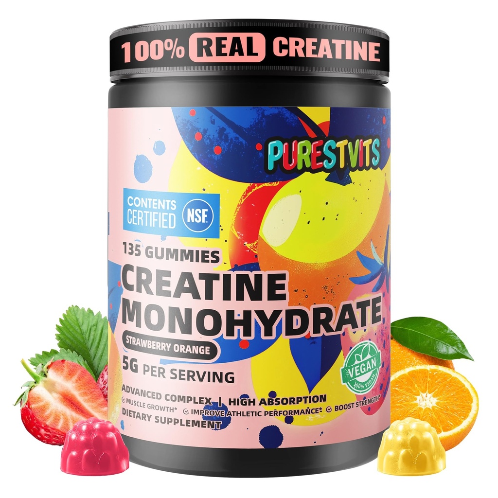 Certifié NSF Creatine Gummy 5g - Creatine Monohydrate Gummies – Pré-entraînement Énergie et soutien à la croissance musculaire pour les hommes et les femmes