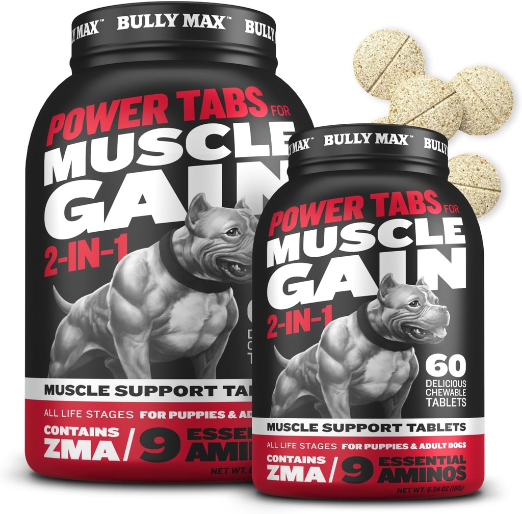 Bully Max 2-en-1 Muscle Builder Comprimés à croquer pour les chiots et les chiens adultes - Vitamines et suppléments pour les chiens pour le gain et la croissance musculaire - Multivitamines canines pour tous les races et les âges - 60 onglets (2 bouteilles)