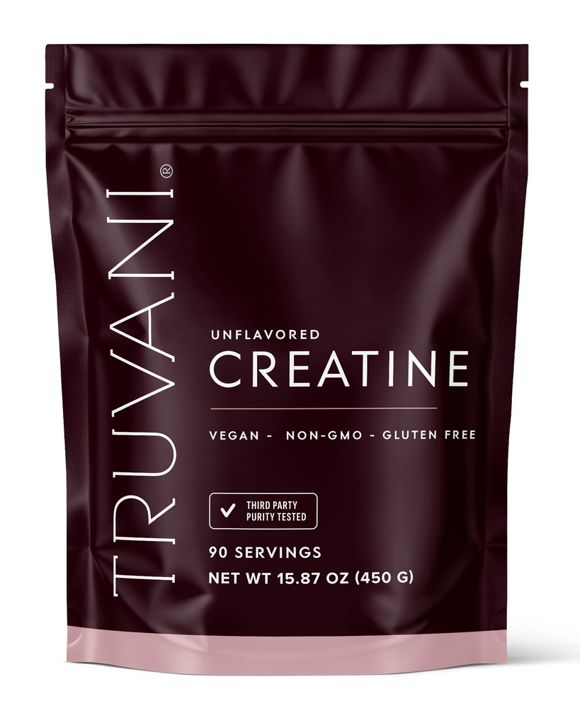 Truvani Poudre monohydratée de la créatine : 5g de créatine pure par servage Testé par une tierce partie : 90 servages Soutient la force et l'énergie cellulaire.