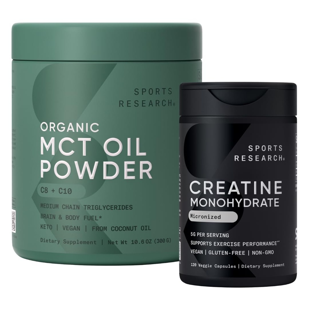 Sports Research® Keto Pack avec des capsules monohydratées de créatine et de la poudre d'huile MCT biologique - Keto & Vegan MCTs C8, C10 de noix de coco