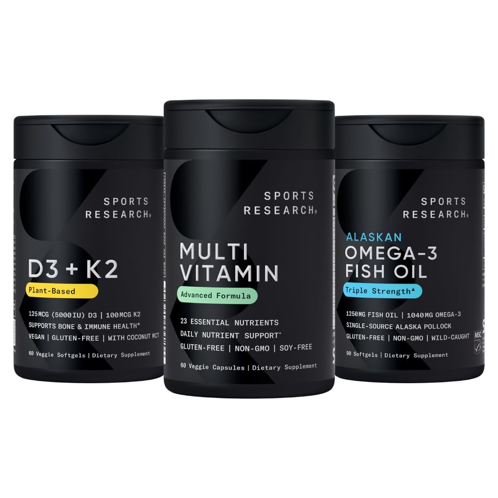 Sports Research® Multivitamin Pack - 23 Essential Vitamins & Minerals with CoQ10 & Iodine, Vitamin D3 5000iu + K2 100mcg, and Alaskan Omega-3 Fish Oil 1250mg