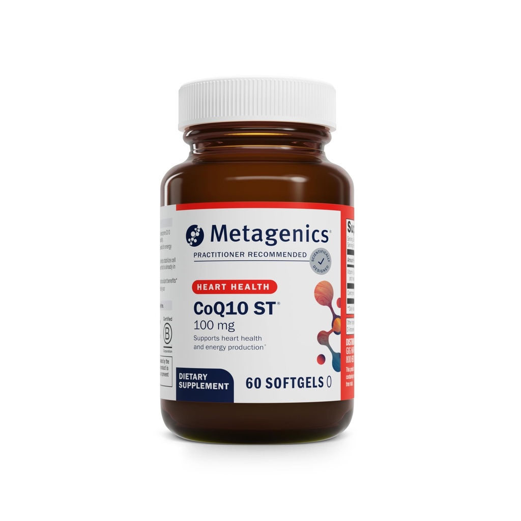 Métagène CoQ10 ST-100-100 mg Ubiquinone avec vitamine E pour le soutien cardiaque, énergétique et antioxydant* - Non-OGM, sans gluten, sans soja - Installation certifiée GMP - 60 Softgels