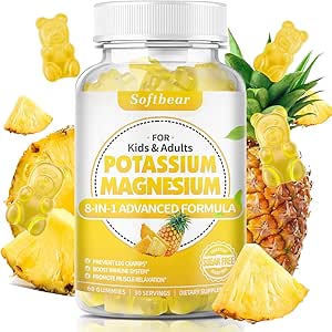 softbear Gommies de potassium pour adultes, supplément de magnésium de potassium sans sucre avec vitamine B6 CoQ10 pour les crampes de jambe Santé musculaire Ananas végétalien Flavor 60 Gommies
