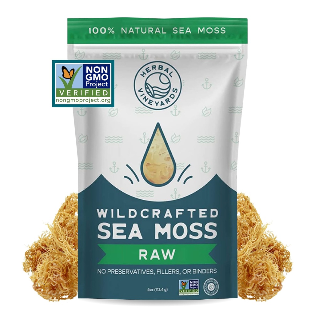 Herbal Vineyards Organic Wildcrafted Gold Raw Sea Moss 4oz - Non-GMO, Nutrient-Rich for Teas, Smoothies, Ice Cream & Sea Moss Gel - Perfect for Men's & Women's Wellness