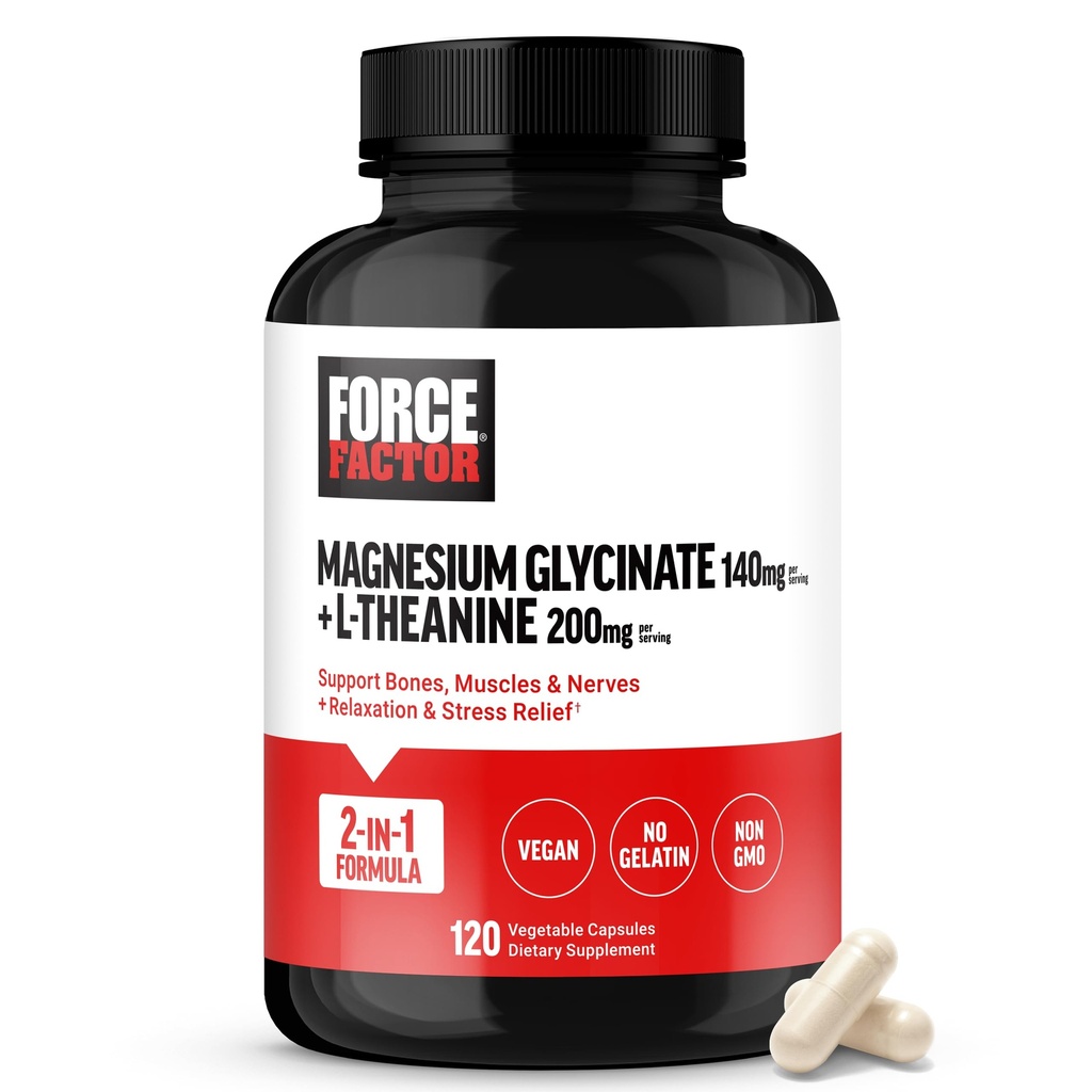 Facteur de force Magnésium + L-Theanine, supplément de bisglycinate de magnésium pour soutenir les os, les muscles, les nerfs, la relaxation et l'humeur, végétalien, sans gélatine, non-OGM, 120 capsules végétales