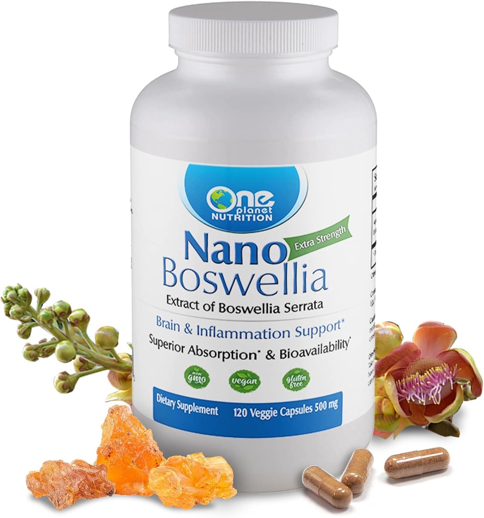 One Planet Nutrition Nano Boswellia 500 mg Capsules de Veggie (120 portions), Boswellia serrata Resin, soutient la fonction cognitive pour la santé du cerveau, non-OGM, végétalien, sans gluten