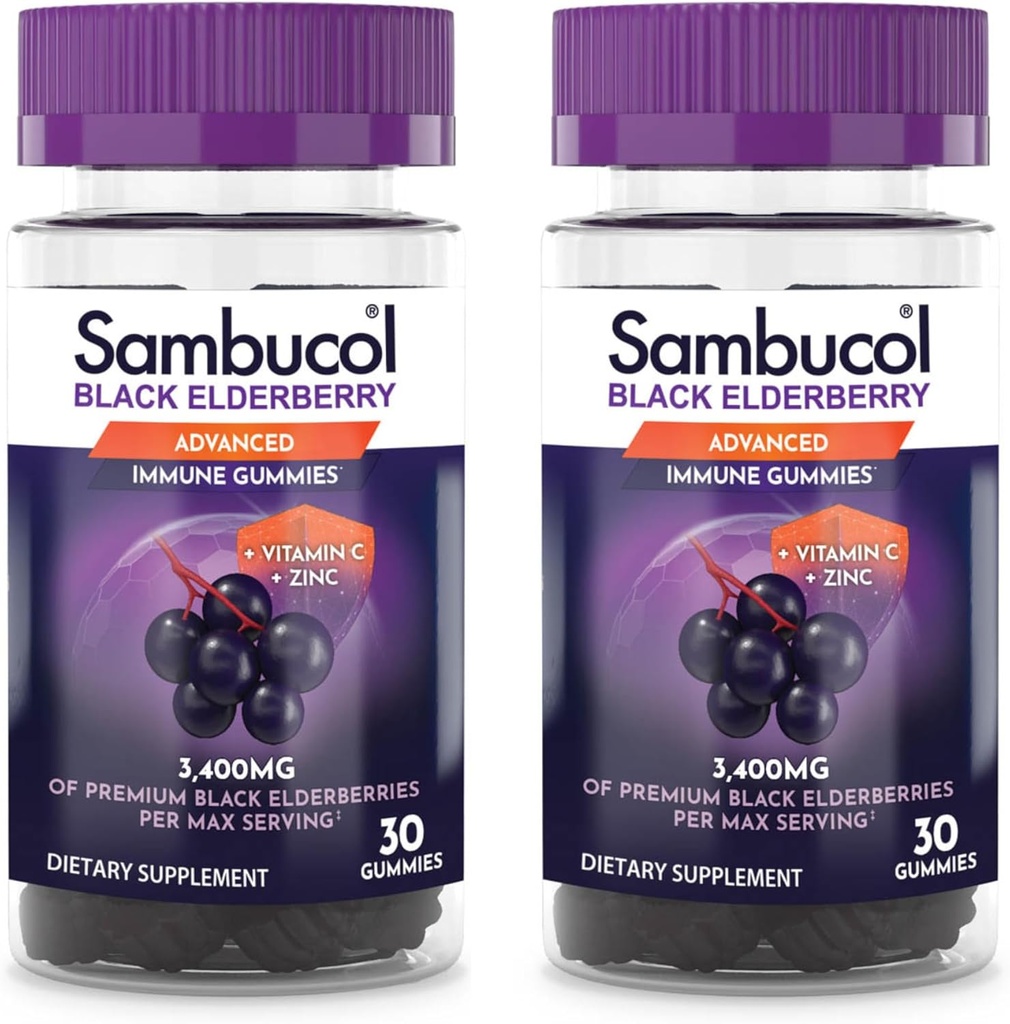 Sambucol Gommies de baies aînées noires avec vitamine C et zinc - Sambucus Gommies de baies aînées pour le soutien immunitaire, des antioxydants élevés, sans gluten, végétalien, fraisier avec zinc et vitamine C - 30 Compte, 2 Pack