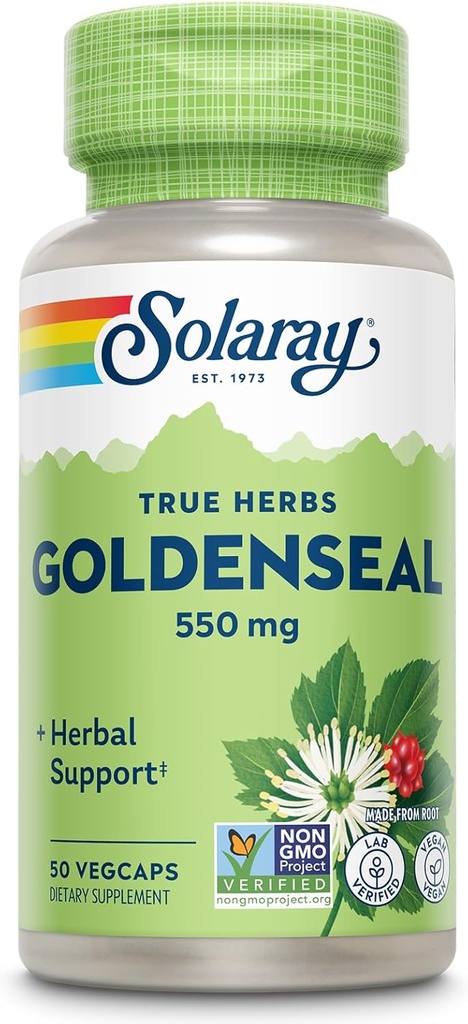 SOLARAY Goldenseal Root 550mg - Capsules Golden Seal - Suppléments à base de plantes pour le bien-être - Non-OGM, végétalien, sans gluten, laboratoire vérifié, garantie de remboursement de 60 jours, 50 portions, 50 VegCaps