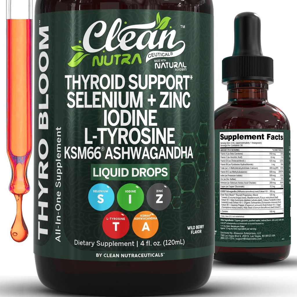 ThyroBloom Thyroïde Support pour les femmes gouttes liquides Iodine L-Tyrosine Sélénium Cuivre Ashwagandha Zinc Kelp Bladderwrack Schisandra Guggul Turmeric Vitamine A D3 B12 Supplément folate par Nutra 4oz propre