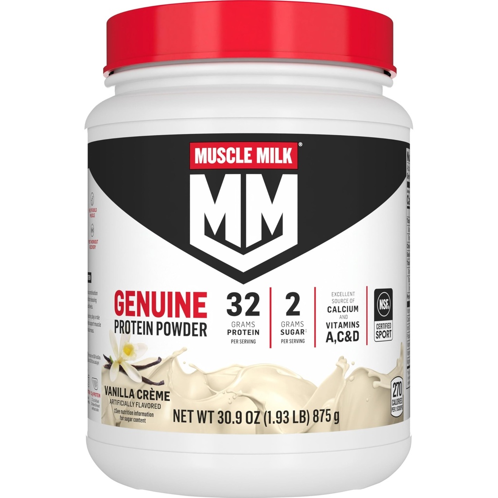 Lait musclé Poudre de protéines authentiques, Crème de vanille, 1,93 livres, 12 portions, 32g de protéines, 2g de sucre, Calcium, Vitamines A, C & D, NSF certifié pour le sport, Snack énergétique, emballage May Vary