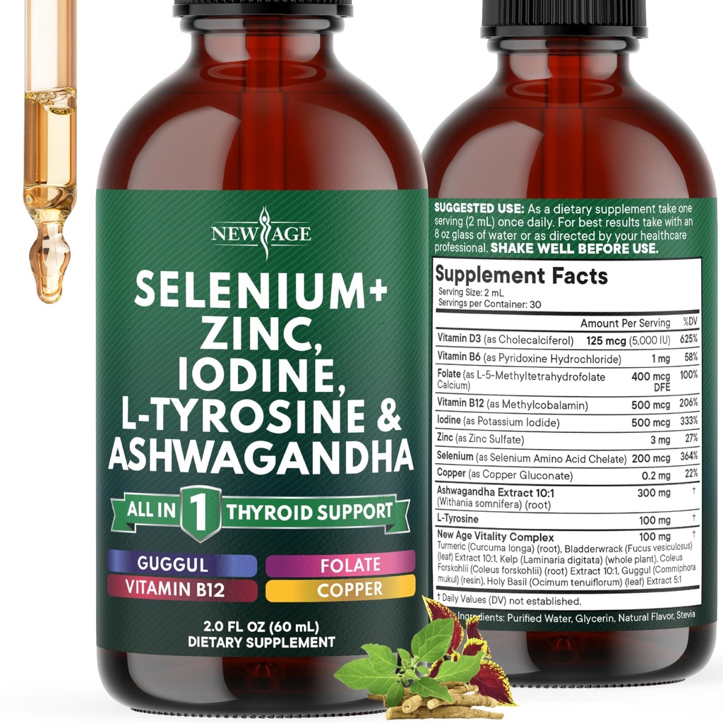Drops de soutien thyroïde - Sélénium, Zinc, Iodine, L Tyrosine, Ashwagandha, Turmeric, Schisandra Guggu, Cayenne, Basilic - Supplément liquide Folate d'alcool de cuivre - libre, végétalien, non-OGM – 2 oz