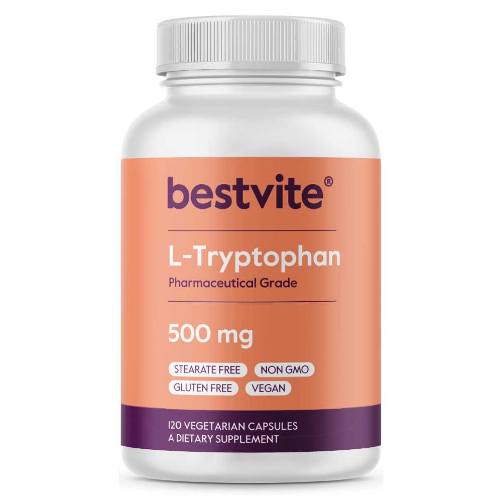 BESTVITE L-Tryptophan 500mg per Capsule (120 Vegetarian Capsules) - No Stearates - No Silica - No Gelatin - Vegan - Gluten Free - Non GMO