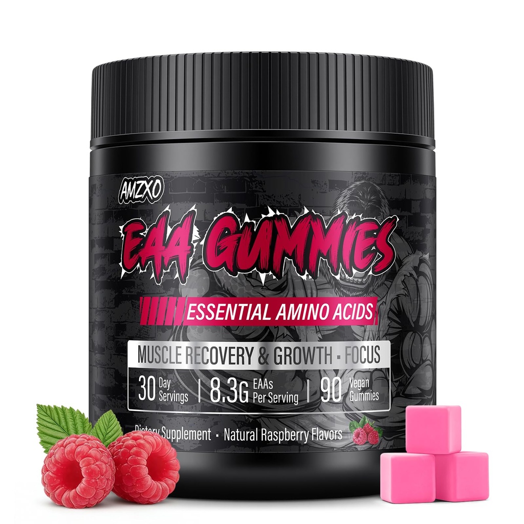 EAA Gummies - 2:1:1 BCAA Formula (8300mg) - Acides aminés essentiels pour la récupération musculaire et l'endurance - Non-OGM, sans gluten, sans sucre, végétarien, framboise parfum - 90 Compte