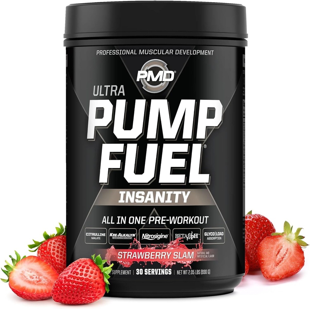 Pompe de sport PMD Carburant Ultra folie - Premium pré-entraînement pompe à poudre et musculaire, plus grande concentration, endurance et récupération, crème premium, arginine et bêta Alanine - Strawberry Slam (30 portions)
