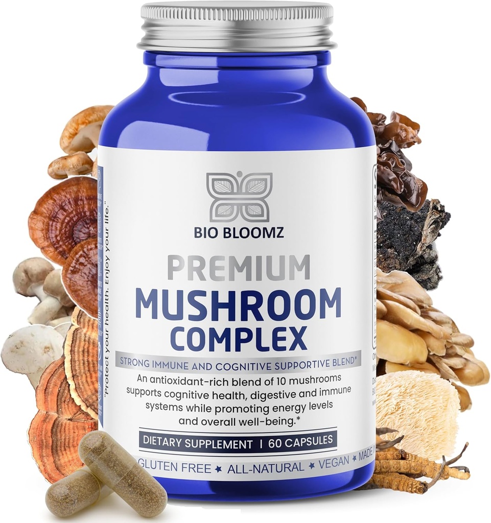 Capsules complexes de champignons Premium - Lion's Mane Supplément Wellness Formula with Turkey Tail, Shiitake, Cordyceps, Reishi, Chaga, Maitake - Immmune Support Champignons Compléments à base de plantes - 60