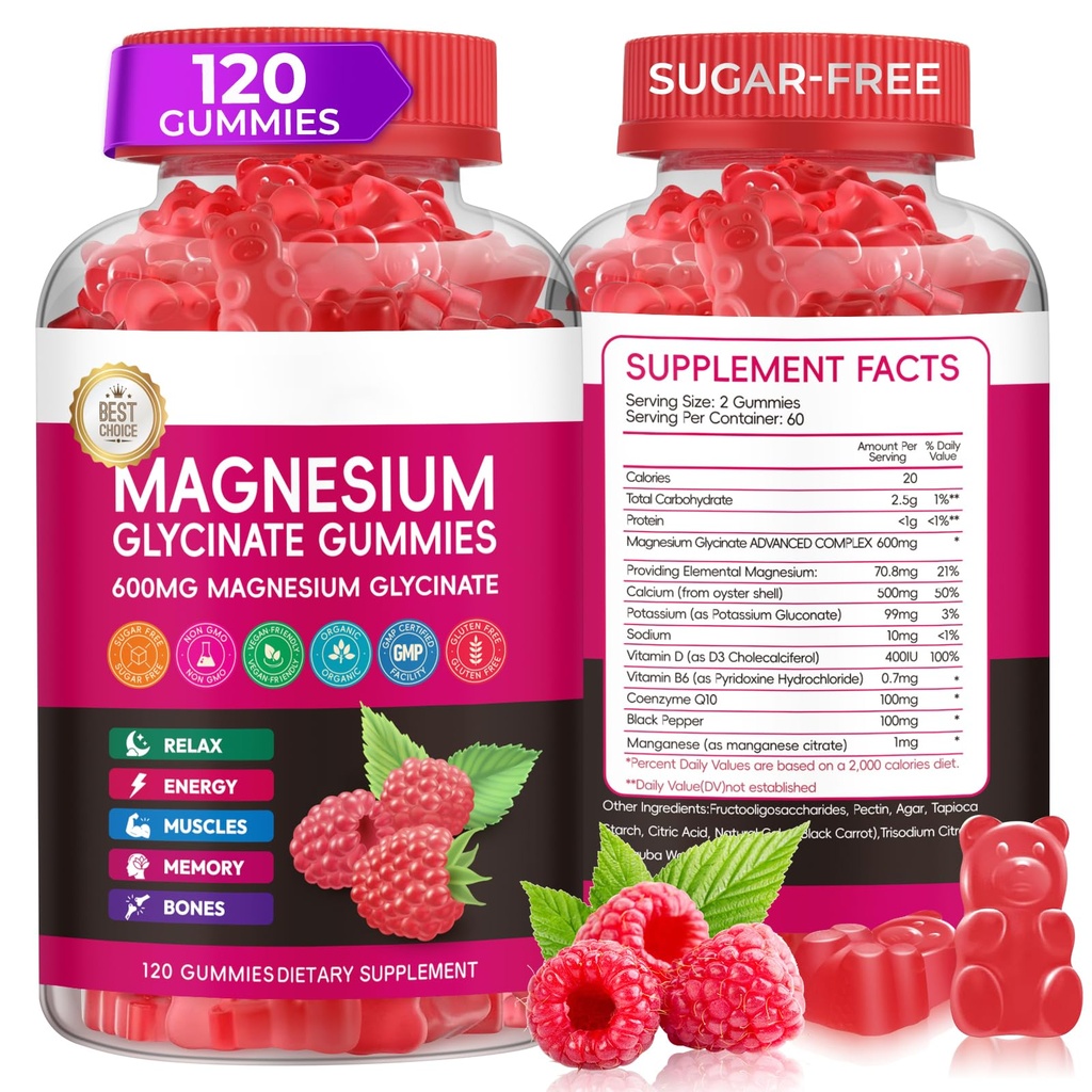 Glycinate de magnésium 600mg, Gommies de magnésium à haute absorption avec L-Thréonate, Calcium, Vitamine B6, D3, Noisettes sans sucre pour adultes et enfants Relaxation, soulagement du stress, repos nocturne